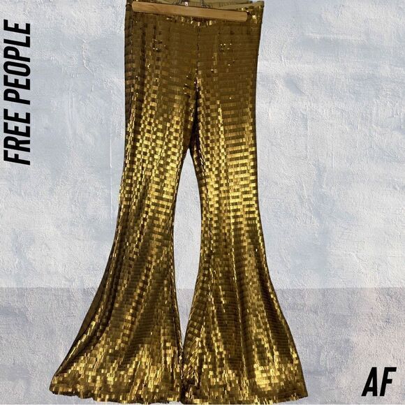 FREE PEOPLE GOLD MATTE PARTY PANTS BELLBOTTOM FLARE NWT XS - Picture 6 of 9